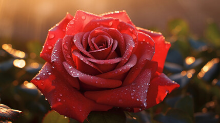 close - up of a blooming rose surrounded by morning dew, delicate petals, vibrant reds, natural lighting, soft focus background,