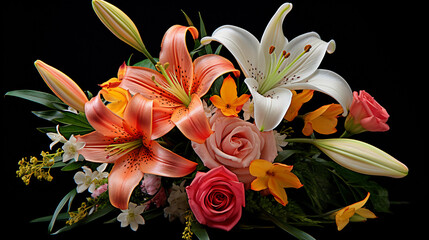 mixed bouquet featuring roses, lilies, and daffodils, focus on intricate details, contrasted against a simple