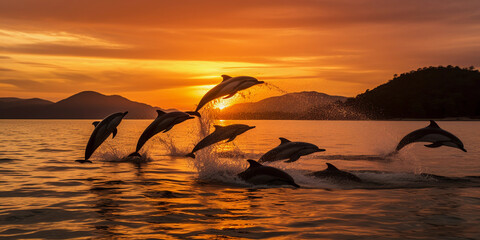 Pod of dolphins leaping from ocean at sunrise, Costa Rica, dynamic action, sunburst effect on water