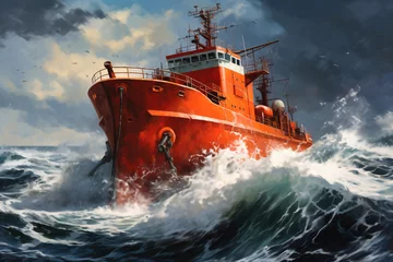Deurstickers A cargo or fishing ship is caught in a severe storm. Ship at sea on big waves. The threat of shipwreck. Element in the ocean. The hard work of a sailor. © Anoo
