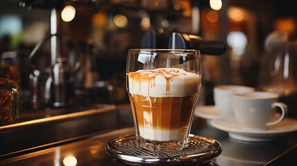 coffee machine for automatically preparing a drink. Caffeine, preparing coffee with milk under pressure barrels. Bright kitchen appliance.