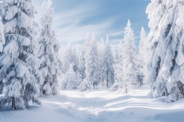 Obraz premium Winter Background with Snow, Frost, and Pine Trees: Perfect for White Christmas Decorations and Holiday Wallpaper, Generative AI