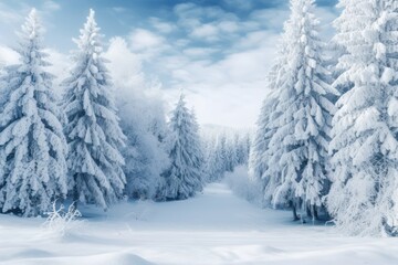 Obraz premium Winter Background with Snow, Frost, and Pine Trees: Perfect for White Christmas Decorations and Holiday Wallpaper, Generative AI