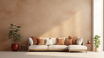 Fototapeta na wymiar Modern Living Room Minimalist Interior Design with Corner Sofa, Terra Cotta Pillows, and Grid Window 
