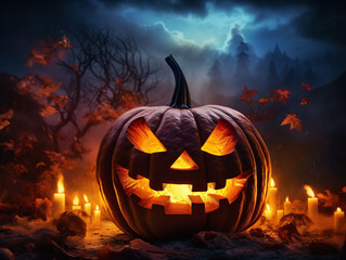 A terrifying halloween concept featuring a pumpkin in a spooky wilderness, lit by candles and fire