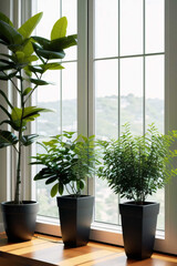 Green plants in a pot on a light windowsill
