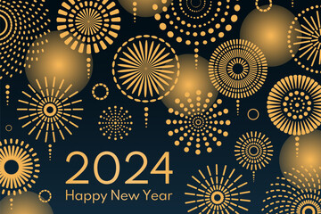 Golden fireworks 2024 Happy New Year, bright on dark background, with text. Flat style vector illustration. Abstract geometric design. Concept for holiday greeting card, poster, banner, flyer