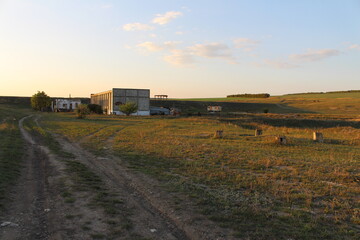 A road with grass and a building in the background