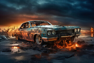 Fototapeta premium Photo of a dirty car parked on a dusty road