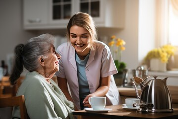 Friendly nurse supporting an elderly lady.happy atmosphere and conversation in the house. - obrazy, fototapety, plakaty