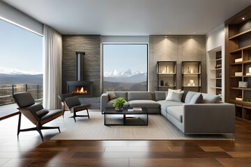 Fototapeta premium Living room interior in gray and brown colors features gray sofa atop dark hardwood floors facing stone fireplace with built-in shelves.