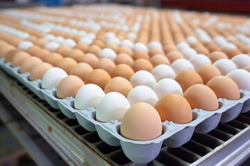 Chicken eggs move along a conveyor in a poultry farm. Food industry concept, chicken egg production. Lots of brown and white chicken eggs.