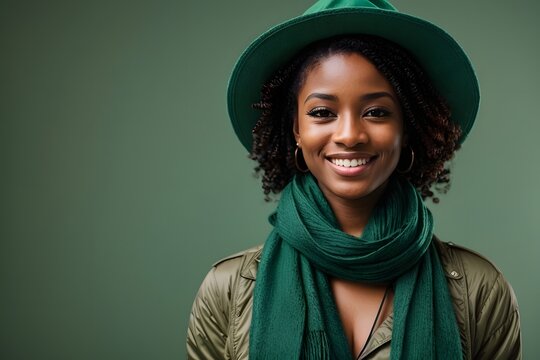 Beautiful Happy Luaging Young Black Woman With Green Hat And Scarf With Copy Space On A Light Green Solid Background. Generative Ai.