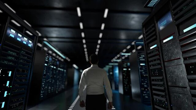 Continuous Integration. IT Administrator Activating Modern Data Center Server with Hologram.