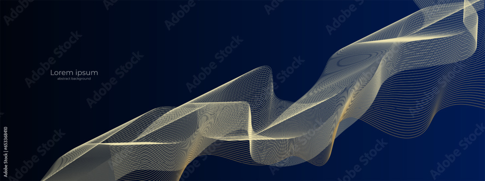 Poster Vector wave dynamic gold lines. Smooth curve gold color on blue gradient background. Background for concept of technology, digital, communication. Vector EPS 10