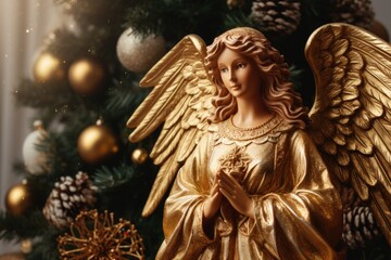 Closeup view of a golden and bright Christmas angel with a decorated tree in the background