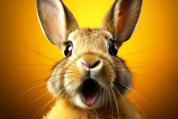 Portrait Banner for Website of surprised amazed shocked wow rabbit pet with a curious face with open mouth on yellow studio background. Website banner Easter concept. Advertising postcards, notebooks - obrazy, fototapety, plakaty