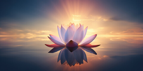 Beautiful water lily on sunset background. Lotus flower and sky. - obrazy, fototapety, plakaty