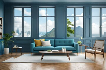 Blue living room with sofa and shelf 