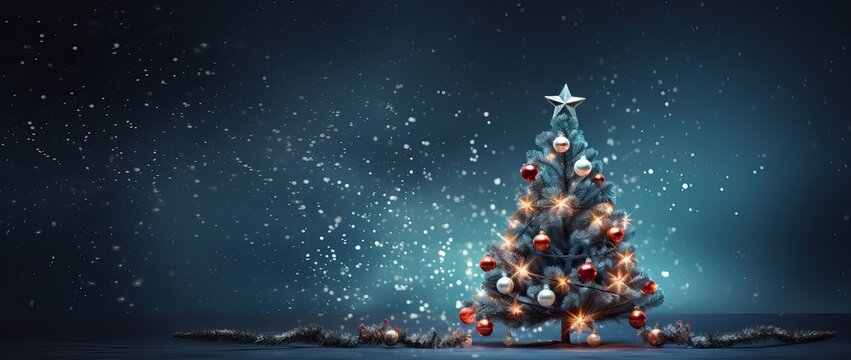Illuminated Christmas tree with baubles and snowflakes floating on the air