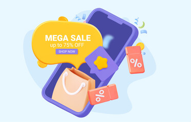 Mega sale. Sale banner template design with 3d elements. Phone with shop bag, flying coupons and speech bubble. For big sales and profitable online purchases. Creative vector illustration. 