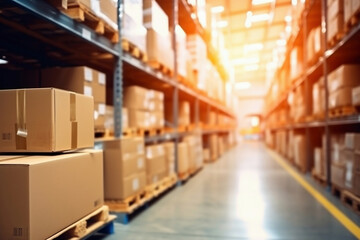 A large warehouse filled with neatly stacked boxes. Selective focus. Large space for storing and moving goods. Logistics. Trade in the modern world.