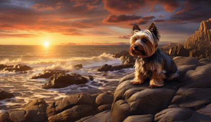 Tiny Yorkshire Terrier Embracing the Sea's Sunset Beauty