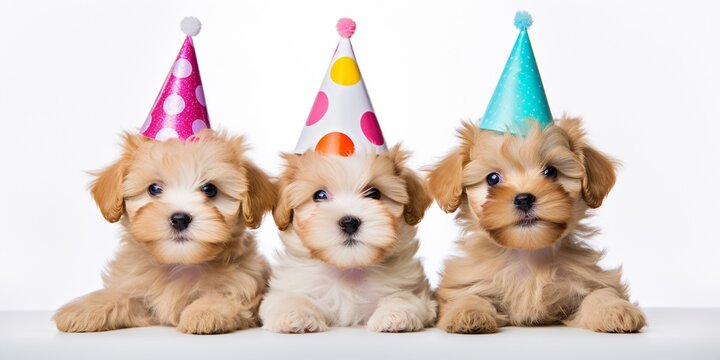 3 adorable puppies wearing colorful and shiny party hats isolated on white, Birthday party celebration concept, with copy space.