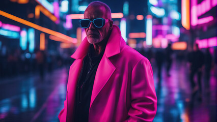 A high-fashion photo featuring an old male model in neon outfit avant-garde futuristic design. Blurred cyberpunk city as a background.
