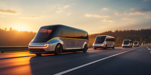 Futuristic double decker bus The concept of autonomous transportation sunset background - obrazy, fototapety, plakaty
