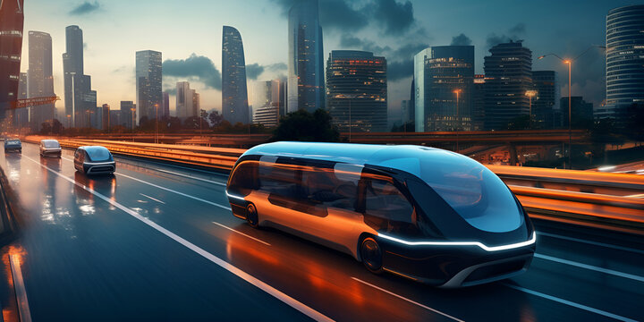 Futuristic electric bus on sleek futuristic city street with advanced technology and design with buildings background