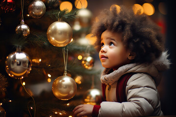 Wonder-Filled Holiday Intrigued Black Toddler at Christmas Tree with Baubles and Lights. created with Generative AI - obrazy, fototapety, plakaty