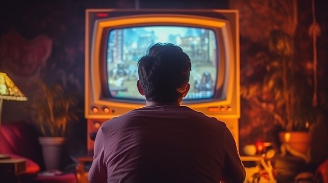 Gamer enjoying a retro game on an old  TV