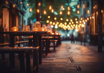 Fototapeta na wymiar Tables and chairs of Street cafe with blurred background and bokeh lights in evening. Generative AI
