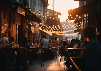 Tables and chairs of Street cafe with blurred background and bokeh lights in evening. Generative AI