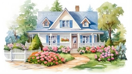 Fototapeta na wymiar Farmhouse exterior with flower yard, water color