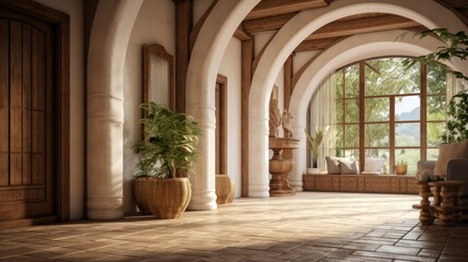 Fototapeta na wymiar Curved columns in farmhouse hallway. interior design