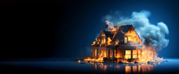 House building burning, on fire blue background. Property insurance protection, security protect, real estate from damage accidents, unexpected disaster, impending loss. Copy paste place for text - obrazy, fototapety, plakaty