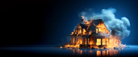 Fotobehang House building burning, on fire blue background. Property insurance protection, security protect, real estate from damage accidents, unexpected disaster, impending loss. Copy paste place for text © Valeriia