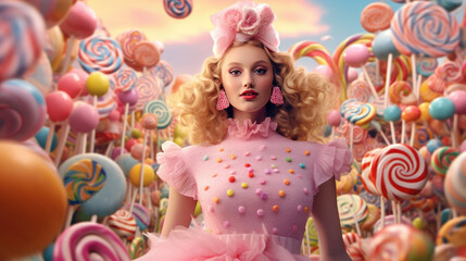 Fototapeta na wymiar A girl dressed in a candy suit against a pastel - color background