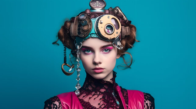 Colorful studio portrait of a teenager girl with steampunk outfit and accessories. Bold, vibrant and minimalist. Generative AI - Powered by Adobe