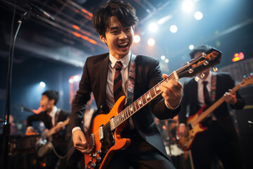 Obraz premium Beautiful Korean boys band playing guitars and singing on stage. Male Asian musicians performing on stage in colorful spotlight. Popular teenage performers concert.