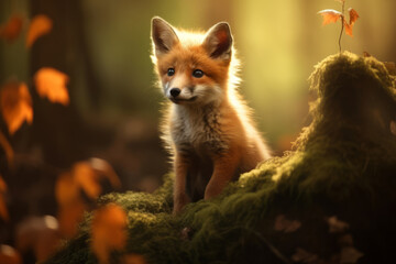 Naklejka premium Cute fluffy red fox youngling in dreamy autumn forest on sunny evening. Wild animals in nature.