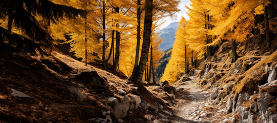 Rocky path leading through autumn mountains. Yellow fall foliage of trees surrounding beautiful nature trail in Alp mountains.