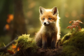 Foto op Canvas Cute fluffy red fox youngling in dreamy autumn forest on sunny evening. Wild animals in nature. © MNStudio