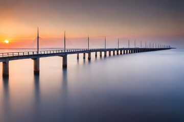 Obraz premium Minimalist long exposure bridge at sunset over calm ocean water, modern architectural bridge with leading lines in orange twilight, serene seascape with smooth water and misty horizon sky