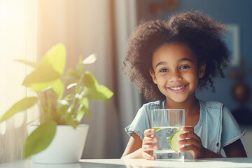 Pretty little back child drinking fresh water on sunny summer day at home. Cute preschool kid holding glass of pure mineral water. Healthy lifestyle for kids. © MNStudio