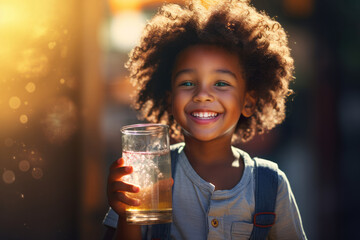 Pretty little back child drinking fresh water on sunny summer day at home. Cute preschool kid holding glass of pure mineral water. Healthy lifestyle for kids.