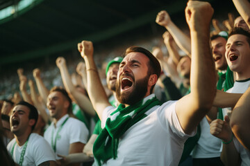 Excited sports fans wearing green and white clothes celebrating the victory of their team. People chanting and cheering for their soccer team. Young people watching football match. - obrazy, fototapety, plakaty
