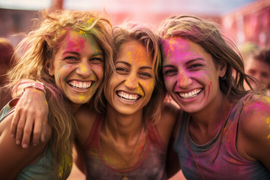 Happy female friends partying under colorful powder cloud at holi fest. Women participating in festival of colors in summer. Pretty girls with their faces painted in different colors.